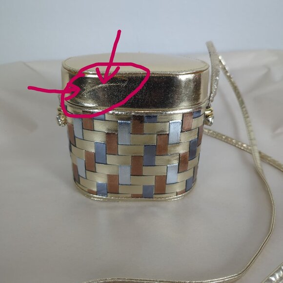 La Regale Vintage Gold Silver Gray Brown Metallic Crossbody Box Basket Weave Bag - Picture 16 of 16